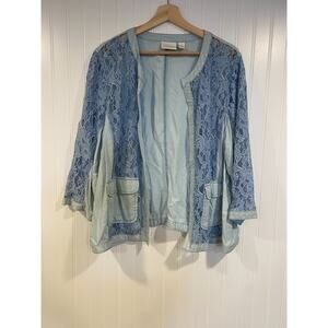 Chicos Top Women's sz 3 XL Blue Chambray Lace Front 3/4 Sleeves Pockets